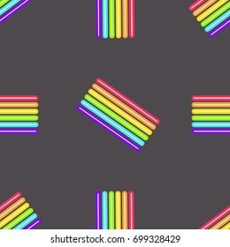 LGBT rainbow flags on a dark background. Seamless pattern for gay pride festival. Glowing effect. Vector illustration.