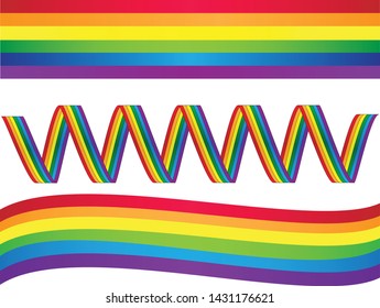 LGBT rainbow gradient flags in strips, curved and ribbon shape. Idea for border or frame. Vector illustration on white background