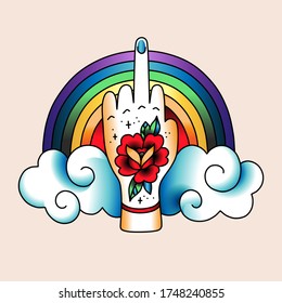 LGBT rainbow and hand, colorful illustration at oldschool tattoo style
