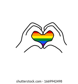 LGBT rainbow heart and modern gesture made with a thumb and index fingers of both hands vector clipart image to print on a poster, banner, card or t-shirt.  