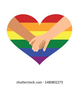 Lgbt rainbow heart shape and hand holding together.