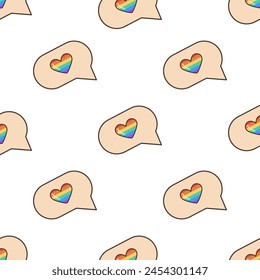 Lgbt rainbow heart in speech balloon, seamless pattern. Vector illustration in 70s retro clipart style