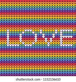 LGBT rainbow knitted seamless pattern with text love. Vector illustration for pride flag