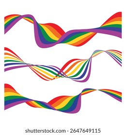 LGBT rainbow line waves icon set vector illustration. Waving abstract LGBTQIA pride flag ribbon icons on a white background. LGBTQ motion geometric shape collection. Colored wavy stripes symbol