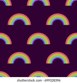 LGBT rainbow neon shapes on a dark purple background. Seamless pattern for gay pride festival. Glowing effect. Vector illustration.