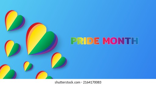 LGBT Rainbow Papercut Heart On Blue Background. Background Illustration. Abstract Background Of Heart In Rainbow Color. LGBT Pride Symbol. Vector Illustration.