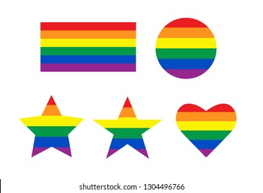 LGBT rainbow pride flag in a shape of circle, star, heart, rainbow icons. Vector illustration