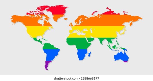 LGBT rainbow pride flag in a shape of World map. Flag of gay, transgender, bisexual, lesbian etc. Pride concept
