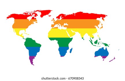 LGBT rainbow pride flag in a shape of World map. Lesbian, gay, bisexual, and transgender stylish design element. Simple flat vector illustration.