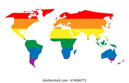 LGBT rainbow pride flag in a shape of World map. Lesbian, gay, bisexual, and transgender stylish design element. Simple flat vector illustration.