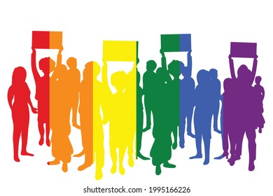 LGBT rainbow protesters abstract silhouette. Activists, protesters and anarchy flat silhouette with rainbow flag colours. Solidarity, equality, freedom. Parade vector element. EPS 10.