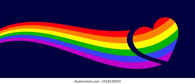 LGBT Rainbow Ribbon end the shape of heart. Pride Rainbow Color Ribbon Isolated on a Blue background