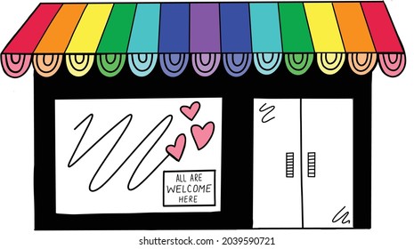 LGBT Rainbow Vector Shop Badge Icon With All Are Welcome Here Sign In The Window, Gay Community Business Owners Design, Isolated Hand Drawn Vector With Playful Accents For Main Street Brick And Mortar