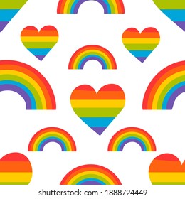 LGBT rainbows and hearts seamless patttern. Symbol lgbt culture. Colour icon LGBT flag. Pride Month.  Vector illustration  on white background