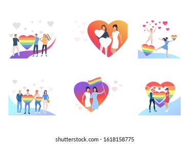 LGBT relationship set. Gay couples holding striped rainbow hearts and flags. Flat vector illustrations. Community, marriage, equality concept for banner, website design or landing web page