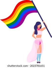 LGBT rights activist with rainbow flag semi flat color vector character. Full body person on white. Gay rights movement isolated modern cartoon style illustration for graphic design and animation