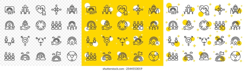 LGBT rights, Equal opportunities and respective needs icons. Equality, Equity and Diversity line icons. Inclusion, culture equity and LGBT pride flag. Diverse people equality, Gender symbol. Vector