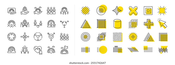 LGBT rights, Equal opportunities and respective needs icons. Design shape elements. Equality, Equity and Diversity line icons. Inclusion, culture equity and LGBT pride flag. Vector