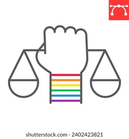 LGBT rights line icon, LGBT and tolerance, hand hold scales, vector graphics, editable stroke outline sign, eps 10.