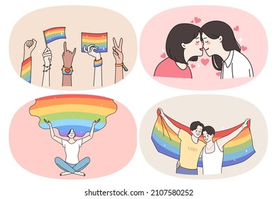 Lgbt rights and relationships concept. Set of young positive women lesbians and men gays having rainbow in head kissing hugging protecting rights vector illustration 