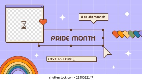 LGBT rights or social issues event celebration creative banner, vertical poster. Vector placard, advertisement, invitation, greeting or web landing page in trendy Y2K 90s style with rainbow and heart.