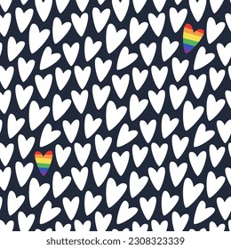 Lgbt fondo sin fisuras con corazones. Ilustración vectorial para el mes del orgullo. Bandera arcoiris.