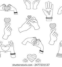 LGBT seamless outline pattern hands with heart