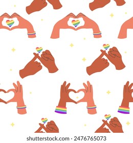 LGBT seamless pattern African American hands with heart and flag. 