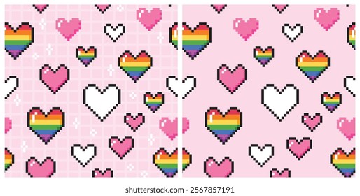 LGBT seamless pattern collection. Pink and rainbow flag pixel hearts. Vector clip art for pride month.