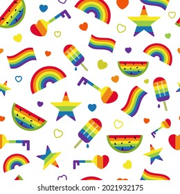 Lgbt seamless pattern with colorful rainbow, icecream, watermelon, star, heart vector illustration. Lgbtq people rights concept. Pride community related elements on black background fabric, textile