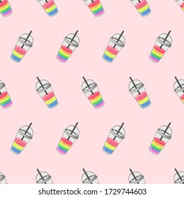 LGBT seamless pattern with plastic smoothie cup. Drink colored in rainbow and pansexual flags. Cute cartoon endless background, pride texture. Isolated vector illustration