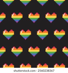 LGBT seamless pattern. Rainbow flag colors pixel hearts. Vector clip art.