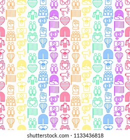 LGBT seamless pattern with thin line icons: gay, lesbian, rainbow, coming out, free love, flag, support, stop homophobia, LGBT rights, pride day. Modern vector illustration.