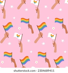 Patrón sin fisuras LGBT. Varias cabezas sostienen una bandera con rayas arco iris aisladas en un fondo rosado. Diseño de superficie dibujado a mano. Ilustración vectorial plana.