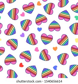 LGBT seamless pattern. Vector rainbow striped hearts isolated on white background. Love is love surface design