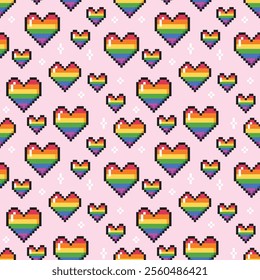 LGBT seamless vector pattern. Cute rainbow hearts on pink background. Colorful pixel art.