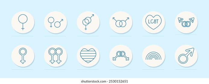 Ícone do conjunto LGBT. Feminino, feminino-masculino, masculino, coração LGBT, arco-íris, feminino, masculino-masculino, coração, símbolos conectados, arco-íris com nuvens.