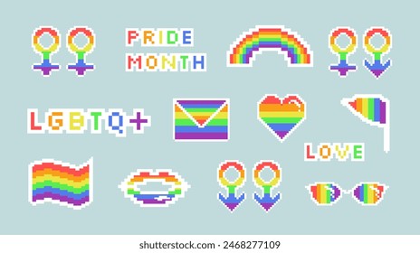 LGBT set. Pride month. Heart, rainbow, lips, envelope, flag, gender sign. Pixel art. Vector