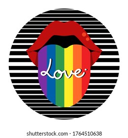 LGBT sign - Woman sticking tongue out with word love.