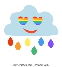 LGBT smile cloud with drops and eyes hearts. LGBTQ. Symbol of the LGBT pride community. Rainbow. Vector flat illustration.