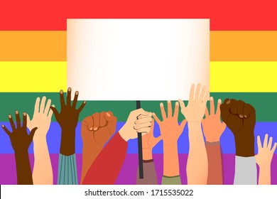 LGBT society. Gay rights. Freedom Day. Parade, poster. Hands.