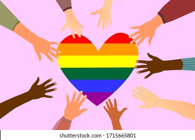 LGBT society. Gay rights. Freedom Day. Rainbow heart. Hands in a circle.