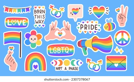 LGBT sticker pack on blue background. LGBTQ set. Symbol of the LGBT pride community. Rainbow elements.
