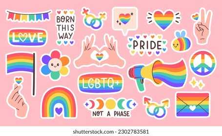 Paquete de emoticones LGBT en fondo rosado. Juego LGBTQ. Símbolo de la comunidad del orgullo LGBT. Elementos del arcoiris.