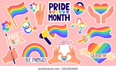 LGBT sticker pack on pink background. LGBTQ set. Symbol of the LGBT pride community. Rainbow elements. Vector hand draw illustration 