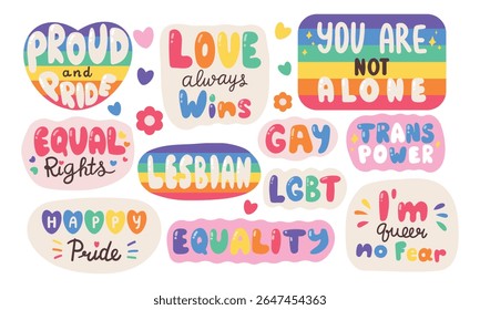LGBT sticker pack on white background. LGBTQ set. Symbol of the LGBT pride community. Rainbow elements. Vector hand draw illustration , hand drawn lettering .