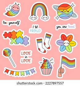 LGBT sticker set. Rainbow flag, cake, planet, cute bee and phrases. Pride month badges. 