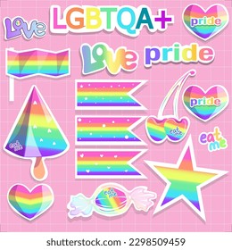 LGBT stickers set vector. Rainbow flags, heart, food LGBTQ phrases, bundle for homosexual love, queer. Pride month badges. Flat vector illustrations isolated on white background