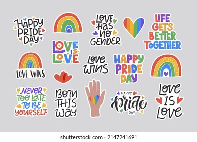 LGBT stickers vector illustration set. Concept for pride community. Happy Pride day, Love ia Love hand drawn modern lettering saying with rainbow. Festival slogan. Design for flyer, card, banner.