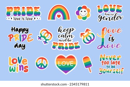 LGBT stickers vector illustration set. Festival slogan. Happy Pride day, Love wins, Love is Love hand drawn modern lettering saying with rainbow. Design for flyer, card, banner.